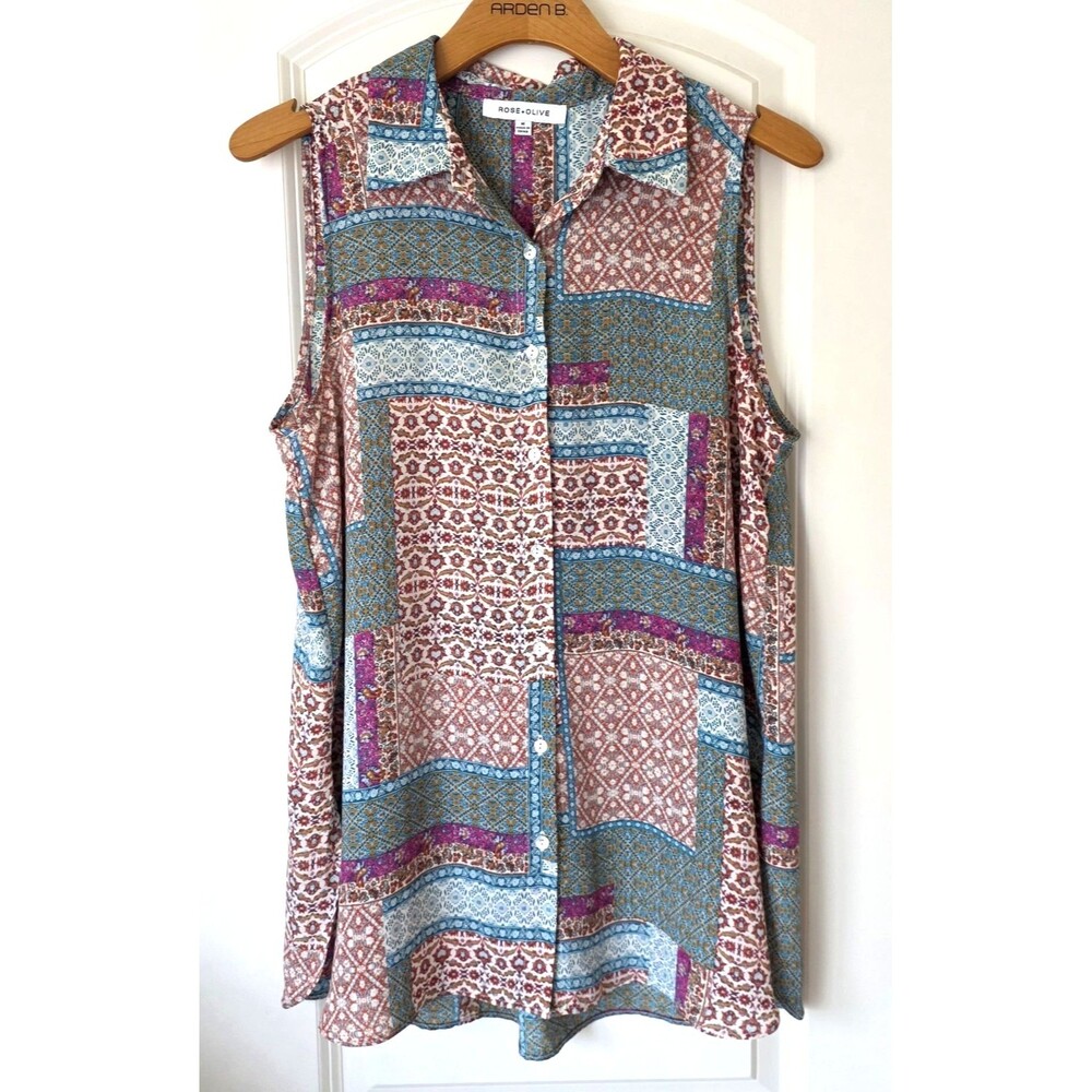 Rose + Olive Sleeveless Patchwork Print Boho Collared Button Up Blouse  Size M
